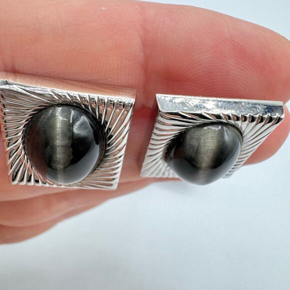 Vintage Swank Gray Tiger’s Eye Cufflink Tie Bar Set Silver Tone Dapper Formal - Picture 12 of 16